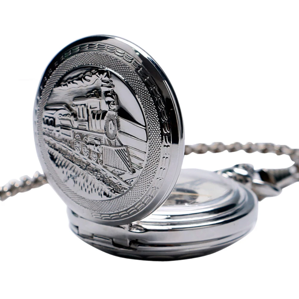 Antiker Stil Dampfzug Herren mechanische Handaufzug Taschenuhr Double Hunter Silber/Bronze Fob Kette Anhänger Uhr Geschenk