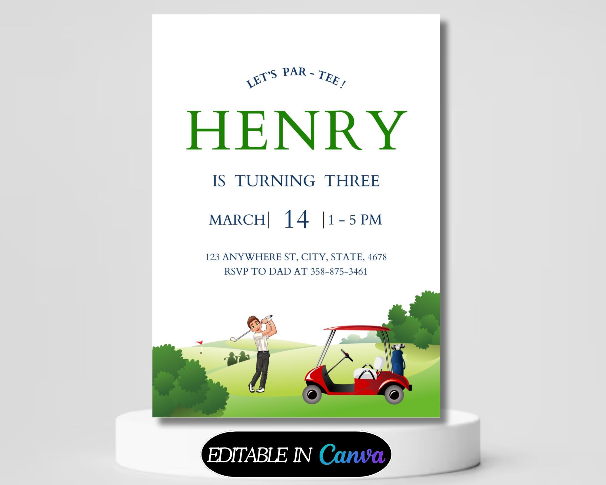 Invito di compleanno per golf, invito per par-tee di golf, inviti per feste di golf hole-in-one, invito di compleanno per golf, festa di golf, modello