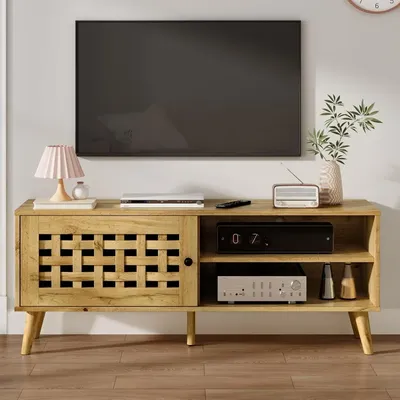Wood TV Entertainment Center, Mid Century Modern TV Entertainment Center with Storage, TV Consoles