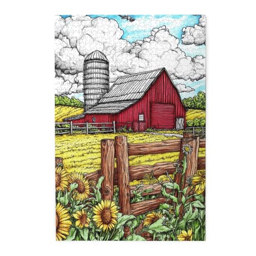 Cafemira 1000 Pcs Wooden Jigsaw,Hand Painted Farm Illustration,Rural Art Adult Puzzle,Relax And Enjoy The Fun Of Solving Puzzles,Every Piece Is Unique,Challenging Brain Exercise