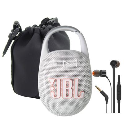 JBL Clip 5 Portable Waterproof Wireless Speaker (White) + Waterproof Neoprene Medium Lens Pouch + JBL T110 in Ear Headphones