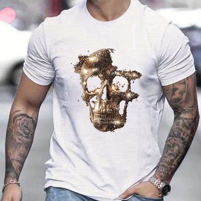 TEMU [casual ] Men' Skull Graphic T-shirt - Casual Crew Neck, Short Sleeve, Polyester, Machine Washable, Black With Golden Glitter Design For Summer, Plus Size Image