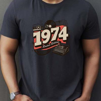 TEMU Men's Vintage 1974 Graphic T-shirt - Retro , Olive Green Casual Summer Tee, Polyester Blend, Round Neck, Machine Washable Image