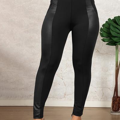 TEMU Plus Size Women's High-waisted Stretch Leggings - Solid Fit Pants With Elastic Waistband, Machine Washable For Casual & Formal Wear, High Waisted Leggings Image