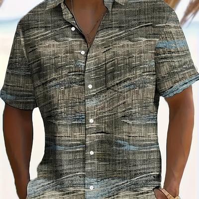 TEMU Men's Vintage Geometric Print Short Sleeve Shirt - Casual, With Lapel Collar For Summer , Abstract Art, 3d , Outdoor Image