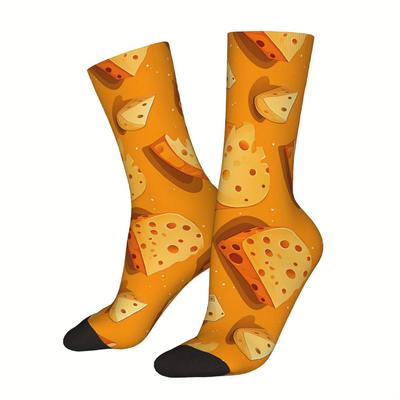 TEMU 1 Pair Men's Novelty Cheese Print Seamless Crew Socks, Polyester (95%) Elastane (5%) Knit Fabric, Hip Hop Style, Socks Image