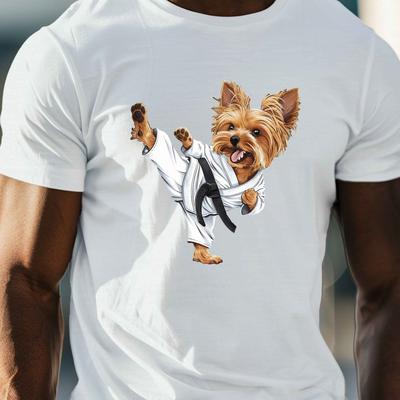 TEMU Men's Yorkshire Terrier Martial Arts T-shirt, Casual Crew Neck Short Sleeve Tee, 100% Polyester Knit Fabric, Stretch, Regular Fit, Summer Lightweight Top - Geometric Image