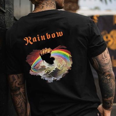 TEMU Men's Casual Crew Neck T-shirt With Rainbow Print, 100% Polyester Short Sleeve Summer Top, Medium Stretch Knit Fabric, For - 150gsm Image