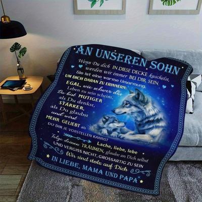TEMU 1pc Wolf Design Flannel Throw Blanket For Son - Cozy, Lightweight, With Message From Mom & Dad - Ideal For Bed, Chair, Decorative Shawl - Perfect Birthday Gift Image