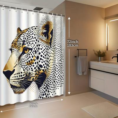 TEMU Open 1pc Abstract Animal Illustration Leopard Shower Curtain, Decorative Printed Bath Sheet With Hooks Included, Bathroom Accessories Image