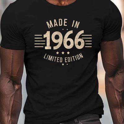 TEMU Men's Casual Crew Neck T-shirt - 1966 Geometric Pattern, Polyester Knit Fabric, Stretch, Regular Fit, Summer Top, 150g/m² Lightweight Image