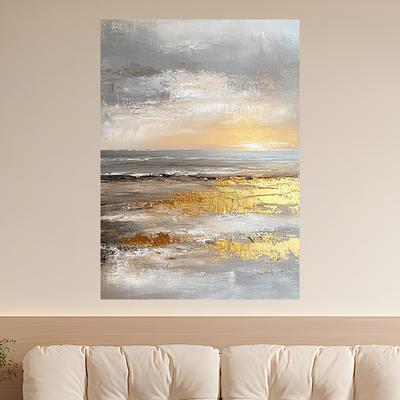 TEMU Modern Golden Seaside Canvas Art Print - Elegant Wall Decor For Living Room, Vertical Rectangular Unframed Oil Painting Style Poster Framed Canvas Wall Art Ready To Hang Image