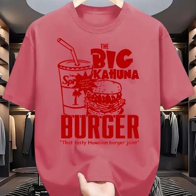 "TEMU Men's Fashionable Light Blue T-shirt With "the Big Aloha Burger" Graphic - Casual, Breathable Crew Neck Short Sleeve Top, Summer Streetwear" Image