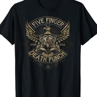 "TEMU Men's "five " Eagle Graphic T-shirt - 100% Cotton, Casual Fit, Short Sleeve, Black With Golden & White Print, Lightweight & Breathable For Casual Attire" Image