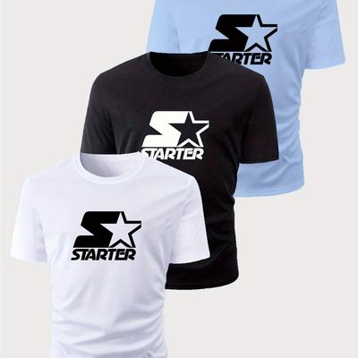 TEMU 3pcs Starter Men's Crewneck T-shirts - Star Graphic Print, 95% Polyester 5% Spandex, Regular Fit Short Sleeve Casual Tees For Outdoor Sports & Casual Attire (/light Blue) Image