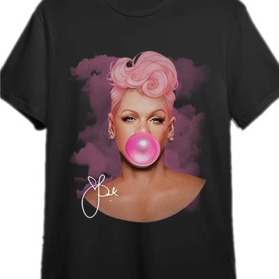 TEMU 1pc Vintage Pk Graphic Plus Size T-shirt, Cotton Crew Neck Short Sleeve Tee, Heat Transfer Printed Pink Singer Design, Casual Pullover For Men - Black Cotton Printed Shirts Image