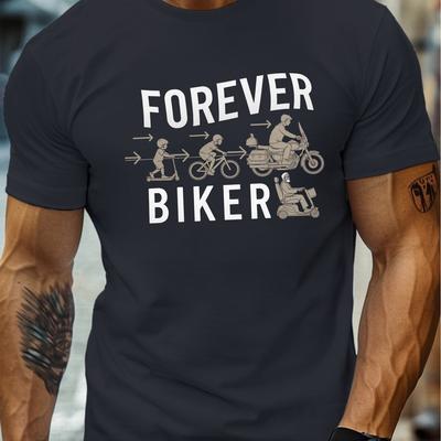 TEMU Biker Graphic Tee For Men - Lightweight Crew Neck Short Sleeve T-shirt, Casual Summer Top With Motorcycle Design, Comfortable Polyester Blend, Gray Image