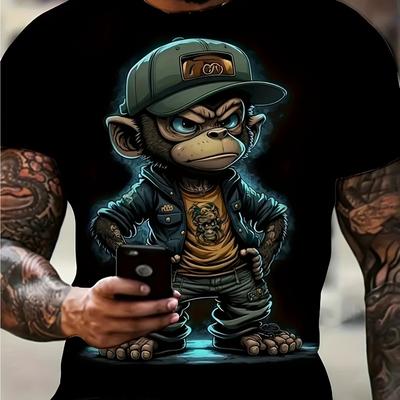 TEMU Men's 100% Cotton Monkey Graphic T-shirt - Black Casual Short Sleeve Crew Neck Tee With Vibrant Cartoon Print, Soft & Breathable For Summer Outdoor Fun, Monkey Tshirt Image