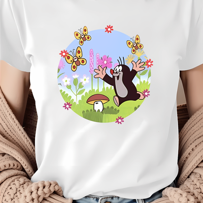 TEMU Women's Casual Graphic Tee - Vibrant Cartoon And Print, Short Sleeve Crew Neck, Medium Stretch Fabric, Spring And Summer Outfits, Casual Summer Wear | Print Tee | Stretchy Fabric, Cute Summer Top Image
