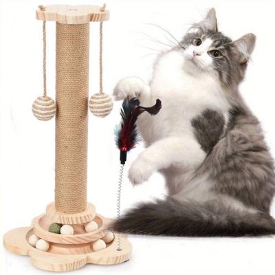 TEMU Interactive Cat Scratching Post With Teaser Balls, Natural Sisal Fiber & Solid Wood Design For Climbing And Play – Cats Of All Sizes, Cat Climbing Frame | Rotating Ball Teaser | Rope Wrapped Post Image