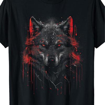 TEMU Men's Vintage Wolf Pattern T-shirt-100% Cotton, Short Sleeve, Round Neck-suitable For Outdoor And Casual Wear Image