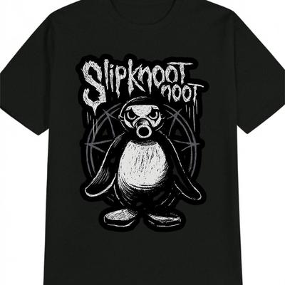 TEMU Men's Vintage Black Graphic Tee - Slipknot-inspired Penguin Print, Casual Round Neck Short Sleeve, 100% Cotton, Machi Image