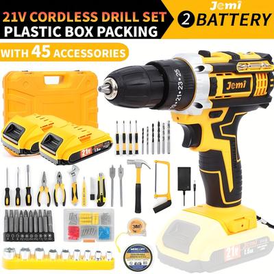 TEMU Jemi Tool 12v/21v Cordless Drill Set, 1/2 Battery, 45nm Hammer Drill, 25+3 Torque Setting With Led Light, 45 Accessory Combinations With Portable Plastic Box For Diy Projects Image