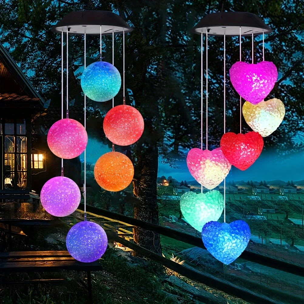 1pc Solar Rice Grain White Ball/Heart Wind Chime Light Outdoor Waterproof Color Changing LED Hanging Lamps for Home Garden Decor