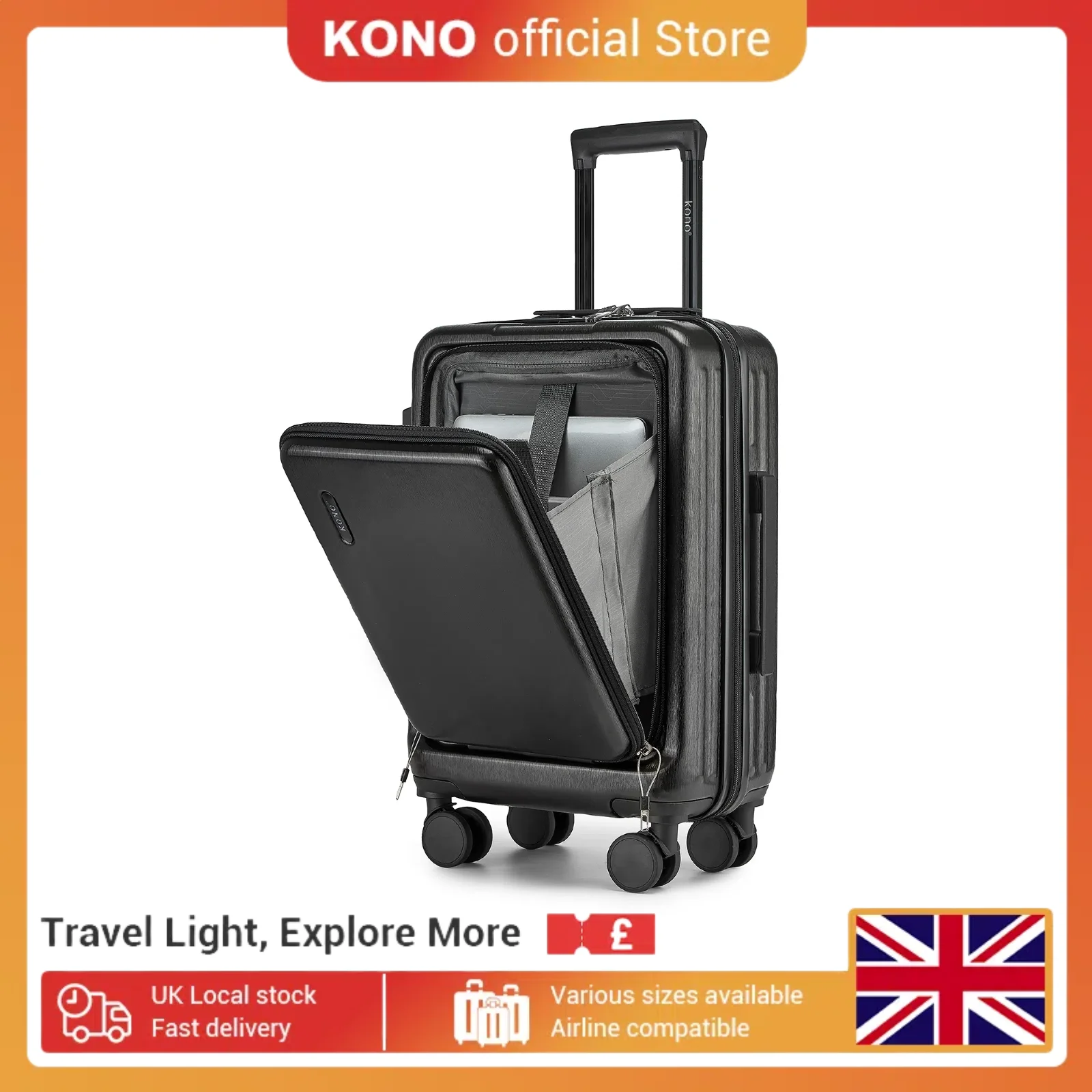 Kono 20/24/28 Inch Hardshell Suitcase - Lightweight ABS+PC Cabin Luggage with TSA Lock & 4 Spinner Wheels, Check-In Approved