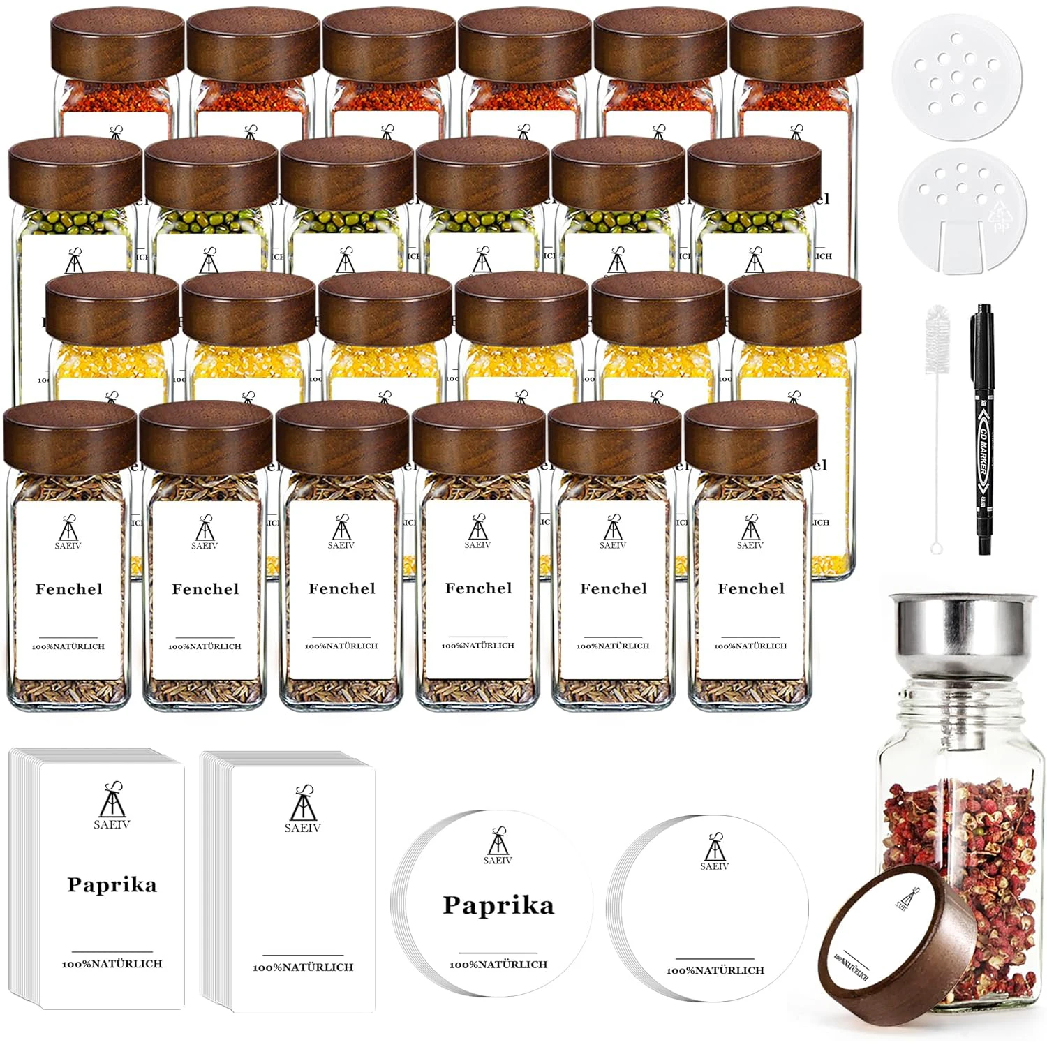 SAEIV 12/24/35 Stück Gewürzgläser mit Deckel aus Akazienholz, 120 ml transparente Glasbehälter mit Gewürzetiketten, Gewürzflaschen für die Küche Image