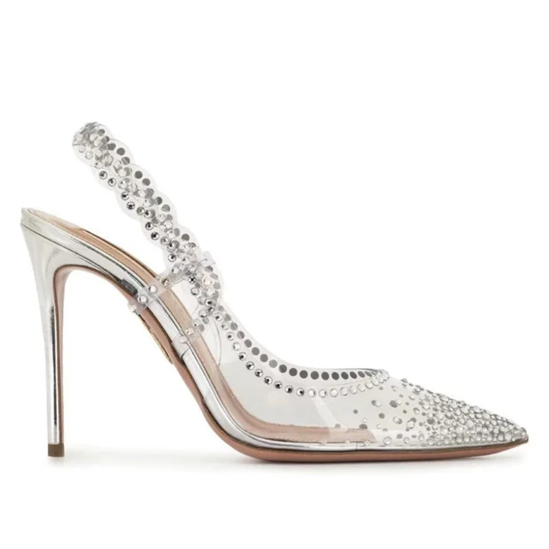 Neue Sommer Europäischen Amerikanischen Stil Spitz Transparent Strass Ferse Schuhe Silber Mode Trendy Stiletto frauen Schuhe