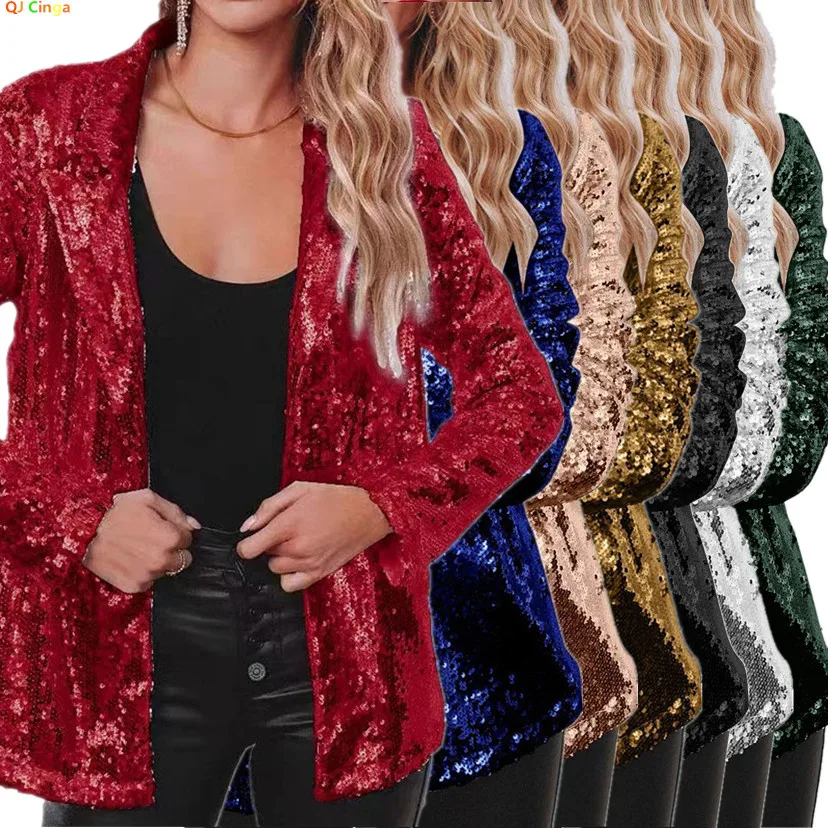 2026 Burgunderrote Damenjacke mit Langen Ärmeln, Pailletten-Verzierte Jacke, Erhältlich in Grün, Schwarz, Silber, Gold, Rosa, Blau, Asiatische Größen S-3XL