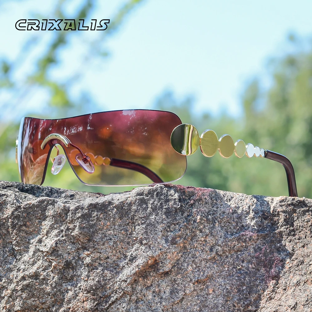 CRIXALIS Übergroße Y2K Randlose Sonnenbrille Frauen Mode Wrap Around Sonnenbrille Damen 2000ER JAHRE Hip Hop Retro Shades Weibliche UV400 Image