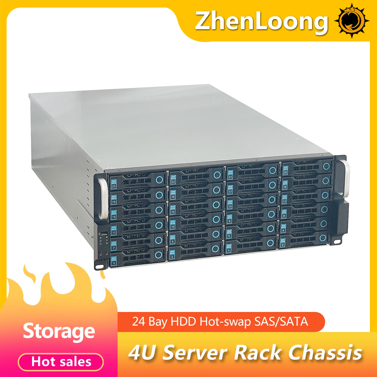 ZhenLoong 4u 24-Bay-Servergehäuse, Festplatte, Hot-Swap-fähige Festplatte, SAS, SATA, 19-Zoll-Rack-Aufbewahrungskoffer mit Mini-SAS-Backplane Image