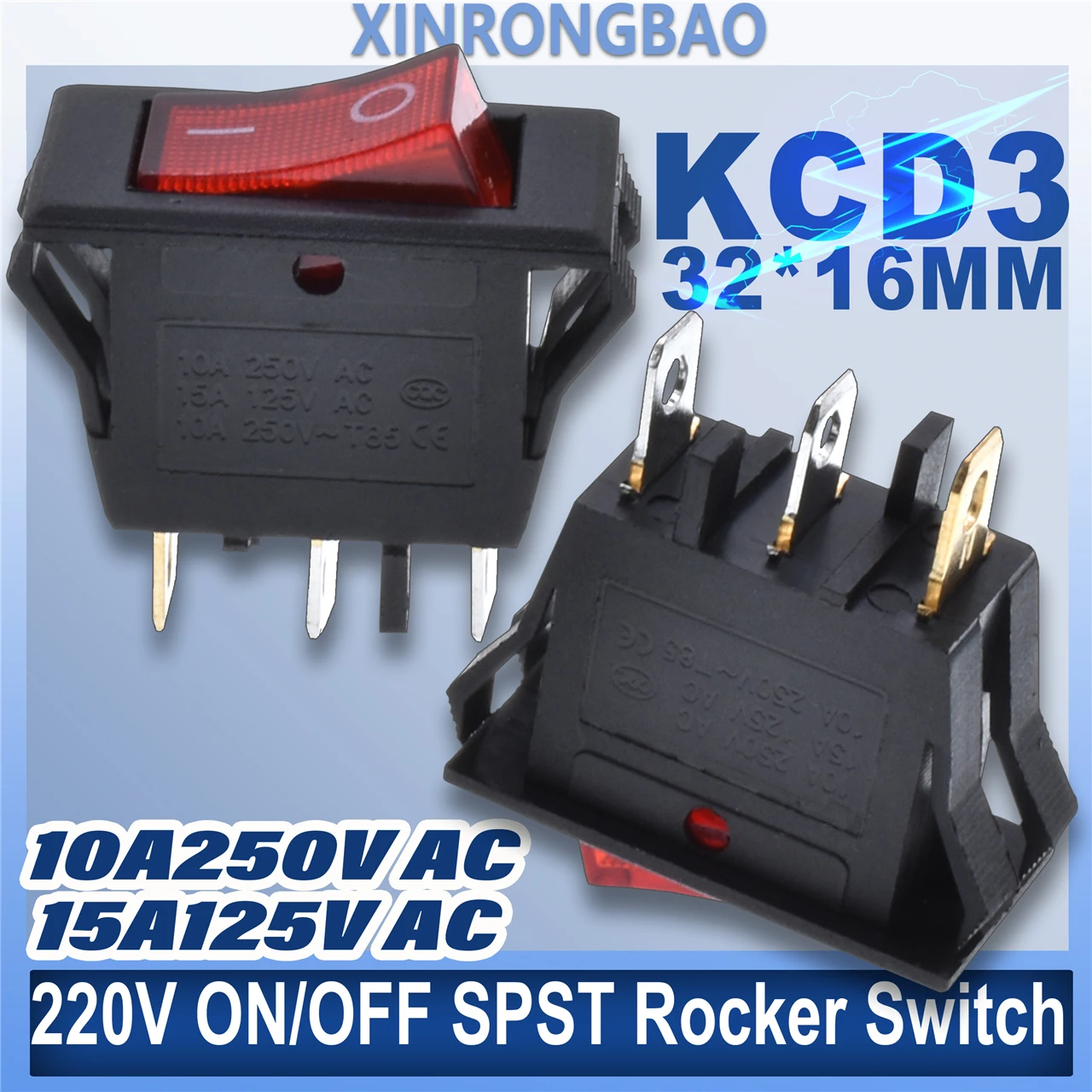 5PCS KCD3 220V AUF/OFF SPST Rocker Schalter Einpolige Einzigen Wurf 2Position 3Pin 15A 125VAC mit LED-Licht 32*16mm Doppel schnalle Image