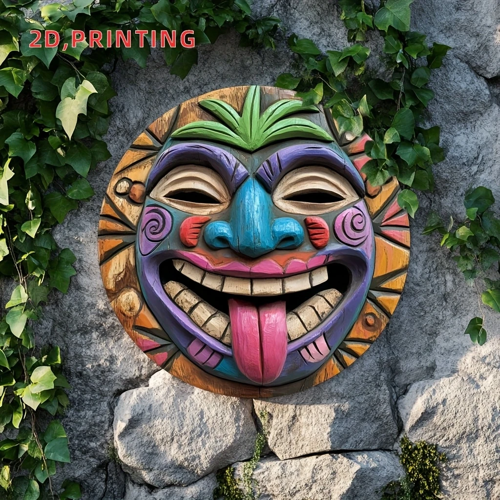 1 Stück 2D-Holzscheibe, bunte Maske, Gesichtsthema, Wandkunst, 20,3 cm, für Zuhause, Büro, Wohnzimmer, Badezimmer, Bar, Café, Dekoration Image