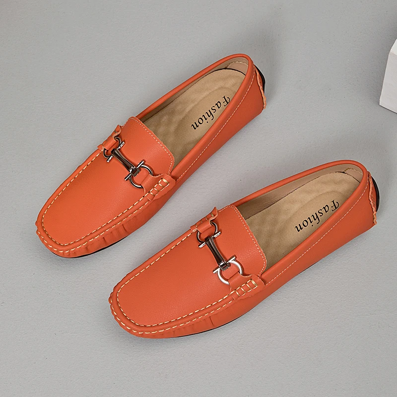 Mode Orange Herren Loafer Große Größe 38-47 Bequeme Slip-On Leder Freizeitschuhe Mann Low Cut Flache Soziale Schuh Männliche Mokassins