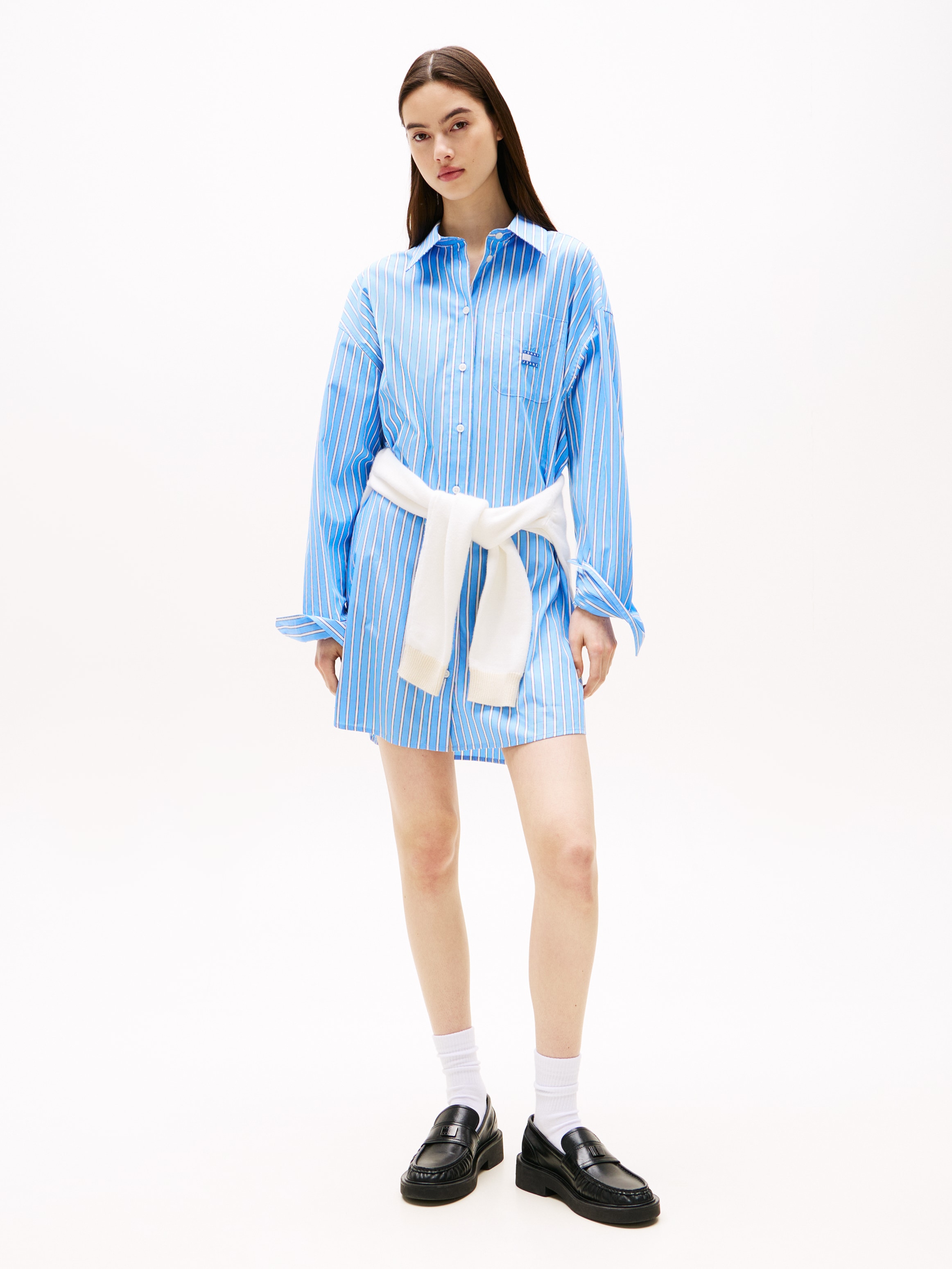 Hemdblusenkleid TOMMY JEANS "TJW OVS MINI SHIRT DRESS EXT", Damen, Gr. XL (42), N-Gr, blau (ecru, blau stripe), Web, Obermaterial: 100% Baumwolle, gestreift, Kleider Image