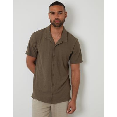 Khaki Green Relaxed Fit Textured Revere Collar Shirt
