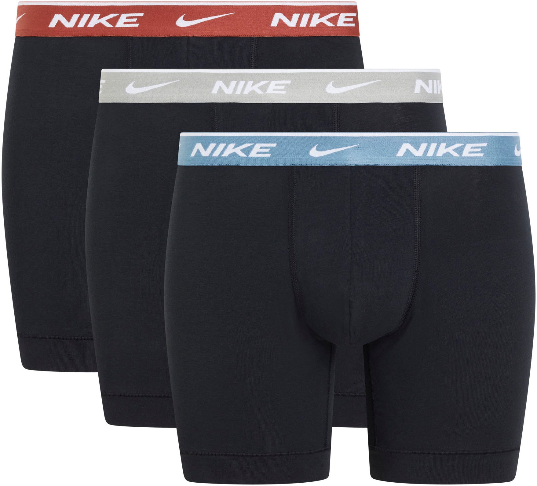 Boxershorts NIKE UNDERWEAR "BOXER BRIEF 3PK", Herren, Gr. L (50), 3 Stk., blk, mrs stn, gry hthr, smky ble wb, Jersey, Obermaterial: 95% Baumwolle, 5% Elasthan, kontrastfarbene Details, unifarben, körpernah, Unterhosen, mit NIKE Logo-Elastikbund