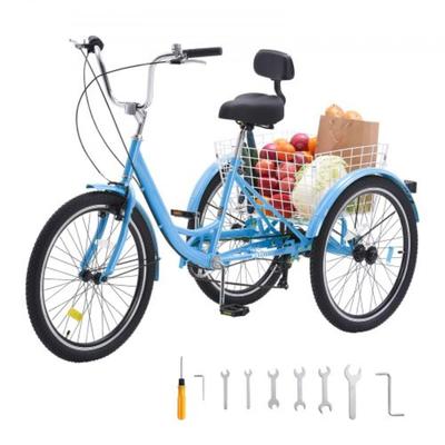 Blue Carbon Steel Adult Tricycle 7-Speed with Large Rear Basket - 68.5” L x 29.9” W x 44.9” H