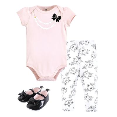 Hudson Baby Infant Girl Cotton Bodysuit, Pant and Shoe Set, Pink Black Necklace