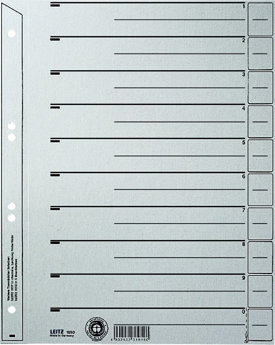LEITZ Trennblatt A4 200g/qm Karton grau VE=10x100 Stück Image