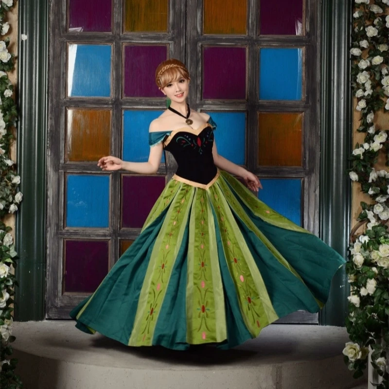 Neue Film Eis Anna Prinzessin Grünes Kleid Krönung Cosplay Kostüm Nach Maß Größe Anzug Halskette Für Halloween Spiel