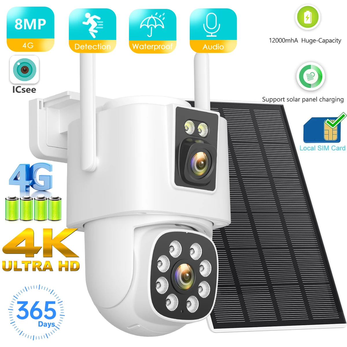 BESDER 4G SIM Solarkamera 8MP 4K Sicherheit PZT Outdoor IP Kamera Eingebauter 12000mAh Akku AI Auto Detect Tracking ICSEE App Image