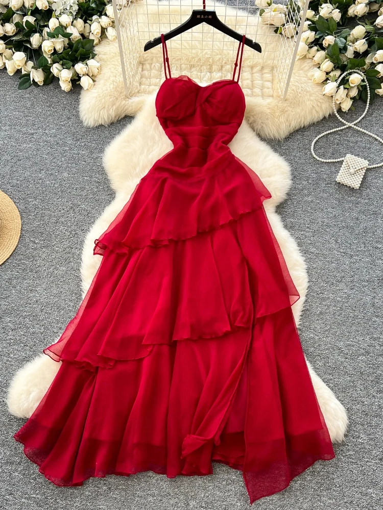 Sommer Rot Strand Kleid Frauen Französisch Plissee Liebsten Unregelmäßige Rüschen Lange Kleider Vintage Damen Vintage Party Lange Robe