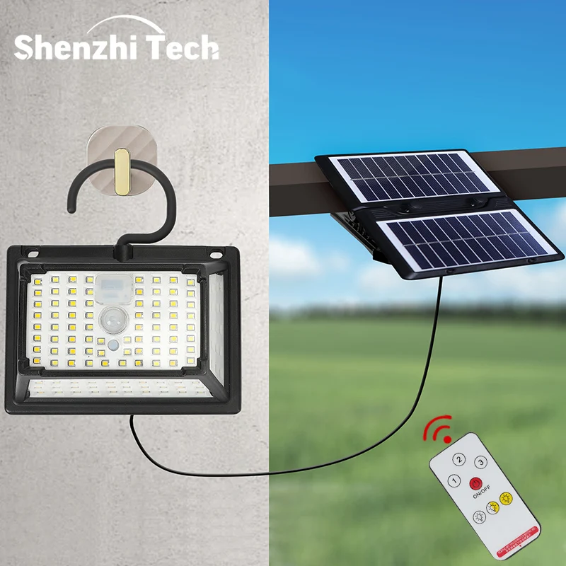 8 m Solar-Flutlichter mit Bewegungsmelder, wetterfeste Wandleuchte für den Außenbereich, Licht in 3 Beleuchtungsfarben mit Fernbedienung, für Garten-Camping-Gar Image
