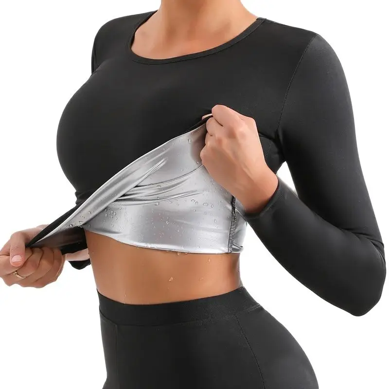 Frauen Körper Shaper Sauna Schweiß Abnehmen Taille Trainer Langarm Shirt Workout Tank Tops Shapewear Korsett Compression Unterwäsche Image