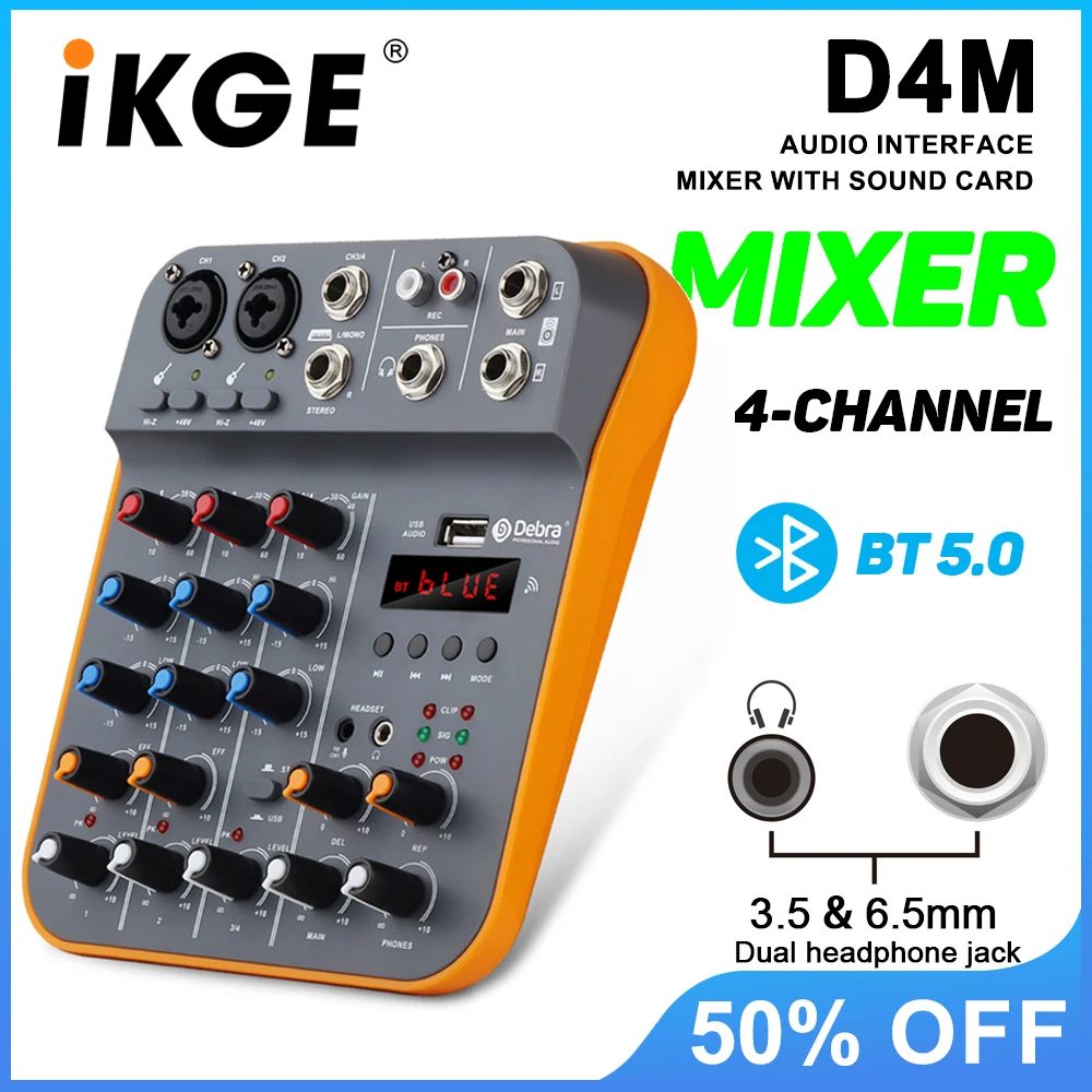 IKGE D4M Mini 4-Kanal-Audiomischer, DJ-Konsole mit Reverb Bluetooth 5.0 USB-Soundkarte 48 V für PC-Aufnahmen, Karaoke Image