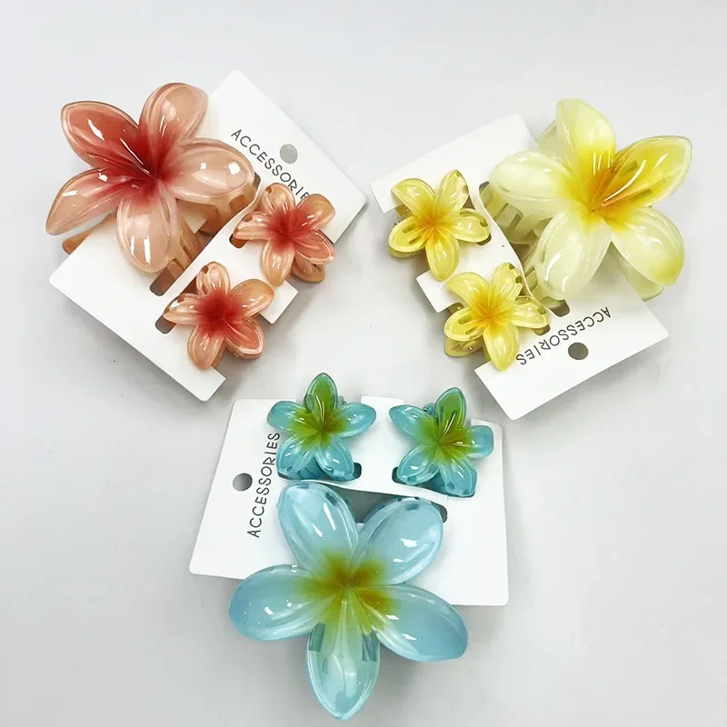 1 großes 2 kleines Set, süße Blumenform, bunte Farbverlaufs-Haarklammern, Pferdeschwanz, Clip-Klemme, Haarnadeln für Frauen und Mädchen, Strand-Kopfbedeckung Image
